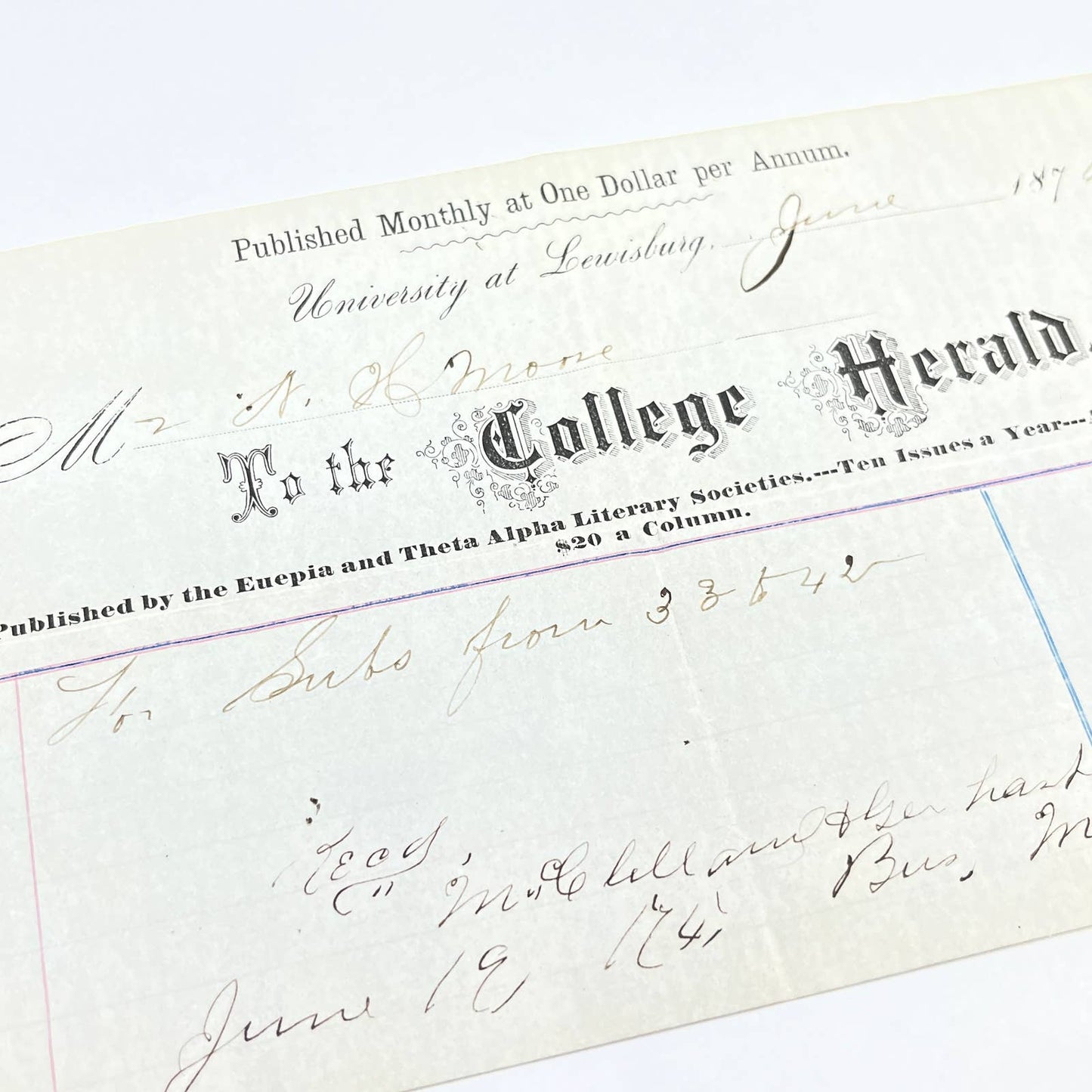 1876 University at Lewisburg Bucknell College Herald Billhead Receipt AC2