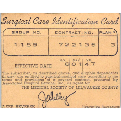1947 Blue Cross Surgical Care Identification Card Carl W.K. Anderson SE5