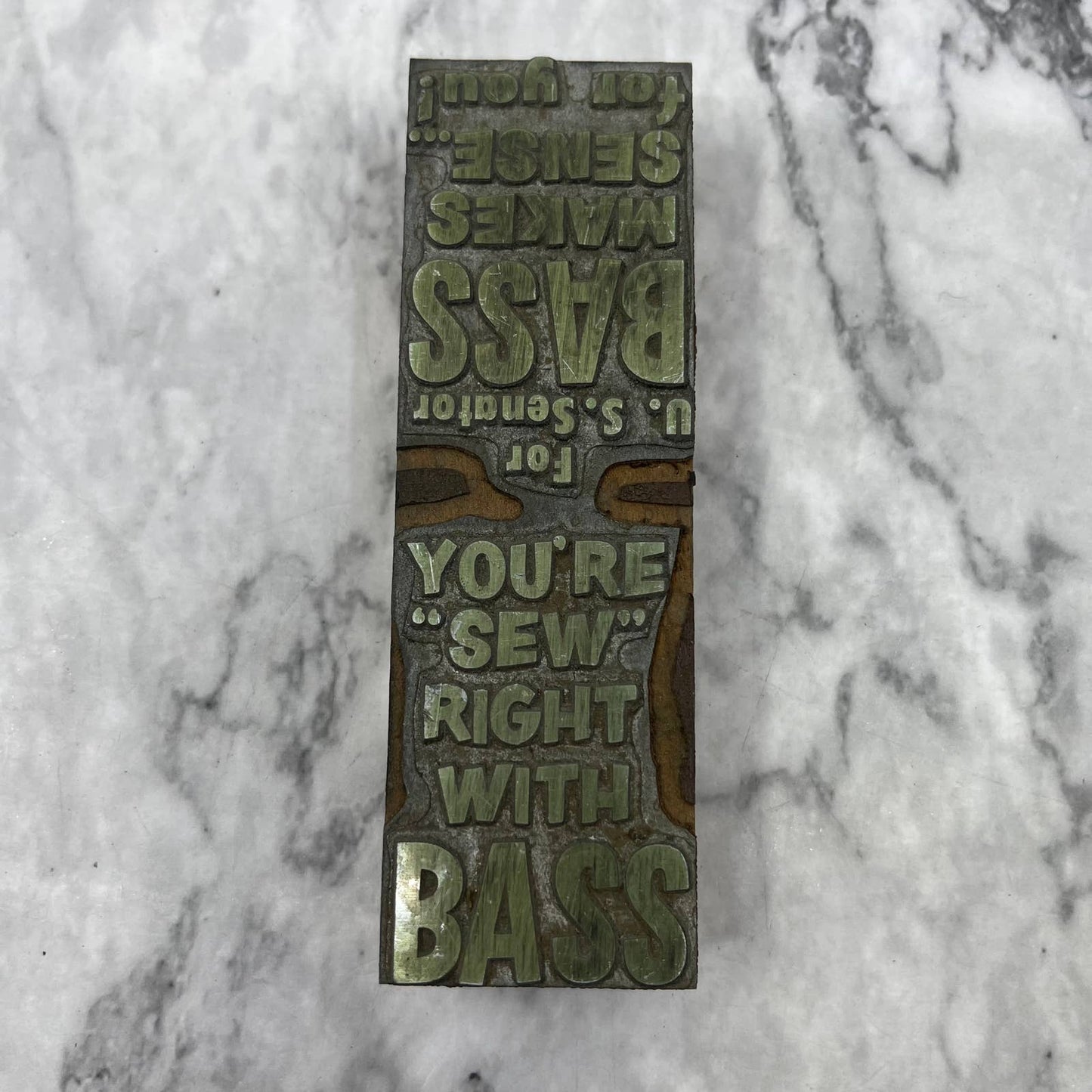 Vintage Letterpress Printers Block Plate Double Sided BASS FOR US SENATE TJ52