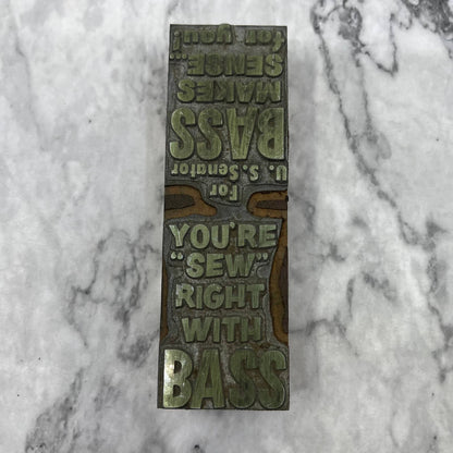 Vintage Letterpress Printers Block Plate Double Sided BASS FOR US SENATE TJ52
