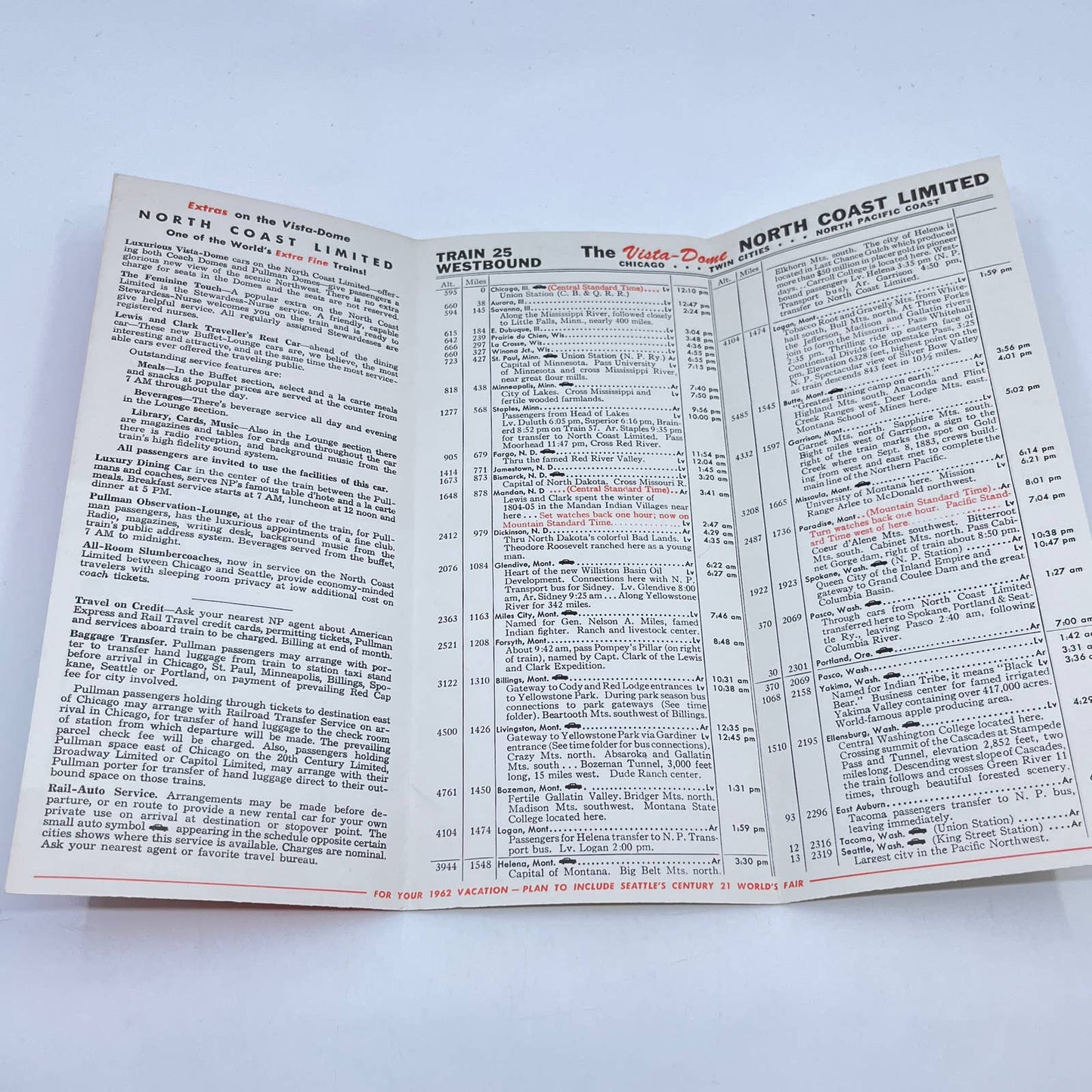 1961 Northern Pacific Railway Vista Dome North Coast Ltd Railroad Timetable AC1