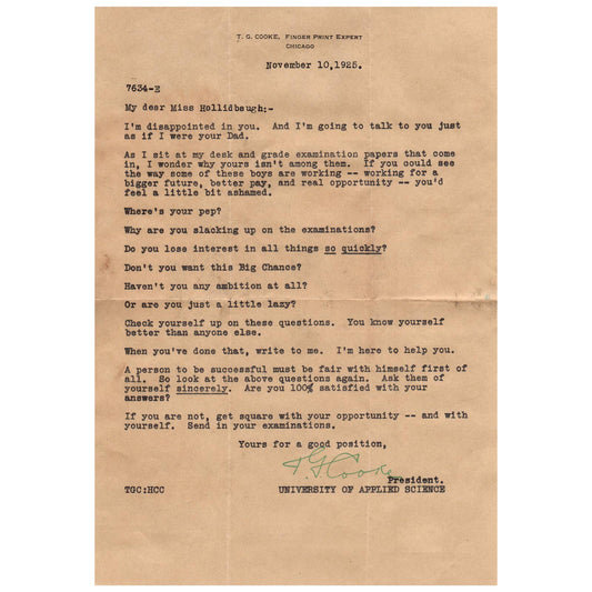 Original 1925 T.J. Cooke Fingerprint Expert Chicago IL Letter to Student AD8