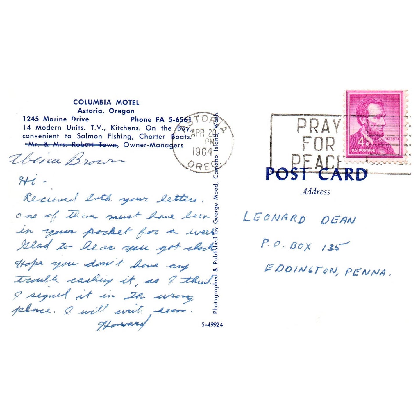 Columbia Motel Astoria Oregon 1964 - Postcard TJ8-1