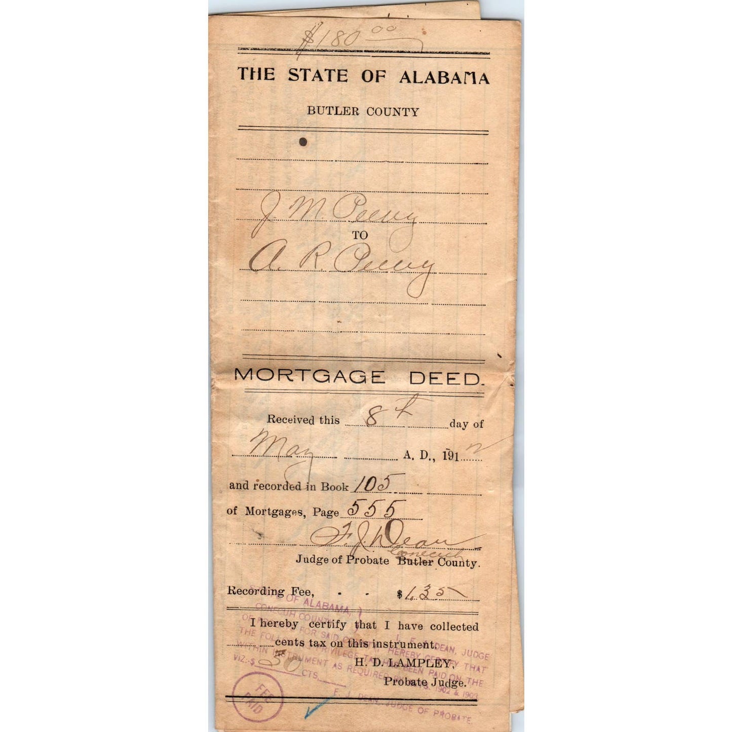 1913 State of Alabama Butler County Mortgage Deed J.M. Peevy AL AD6