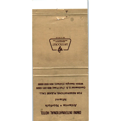 Omni Hotel Atlanta Norfolk Miami Advertising Matchbook Cover MM9-6