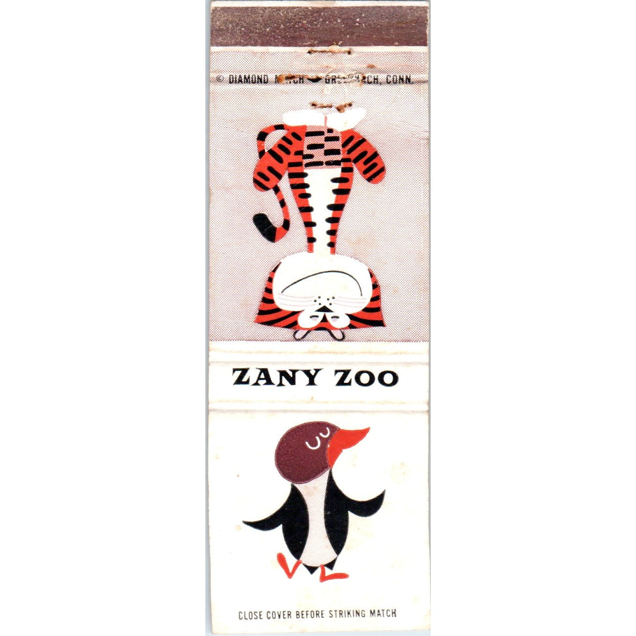 Zany Zoo Penguin Tiger Cartoon Collectible Advertising Matchbook Cover MM9-9