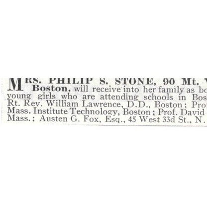 Mrs. Phillip S. Stone Boarding House Vernon St. Boston MA - 1903 Ad TJ8-7-1