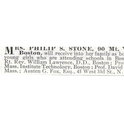 Mrs. Phillip S. Stone Boarding House Vernon St. Boston MA - 1903 Ad AK5-S35