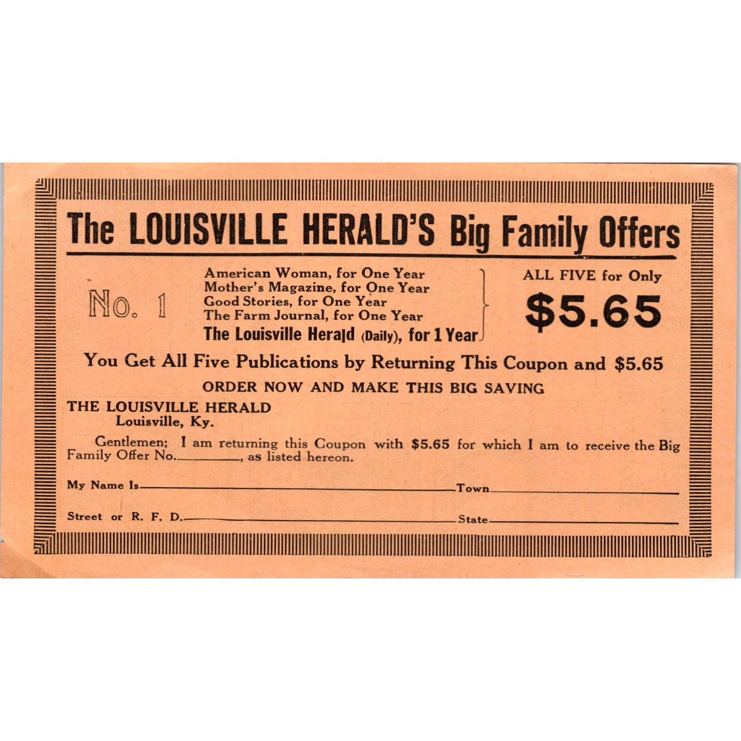 1922 Louisville Herald Reading Club Magazine Subscription Order Form SE4