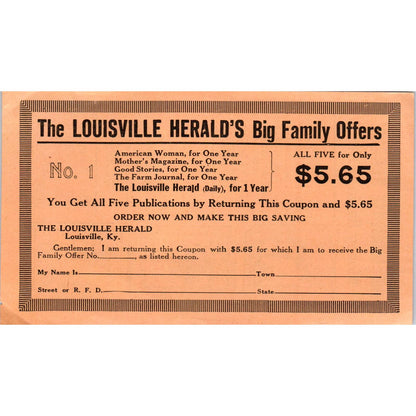 1922 Louisville Herald Reading Club Magazine Subscription Order Form SE4