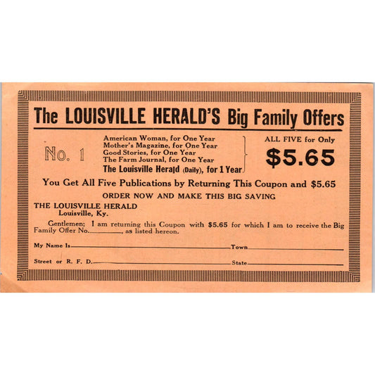 1922 Louisville Herald Reading Club Magazine Subscription Order Form SE4