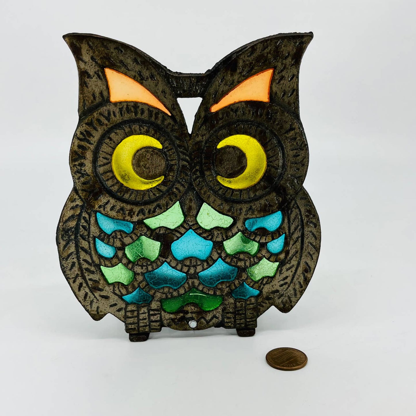 1970s Metal Owl Napkin Holder Letter Holder Cast Iron Stained Glass Style 6” TB6