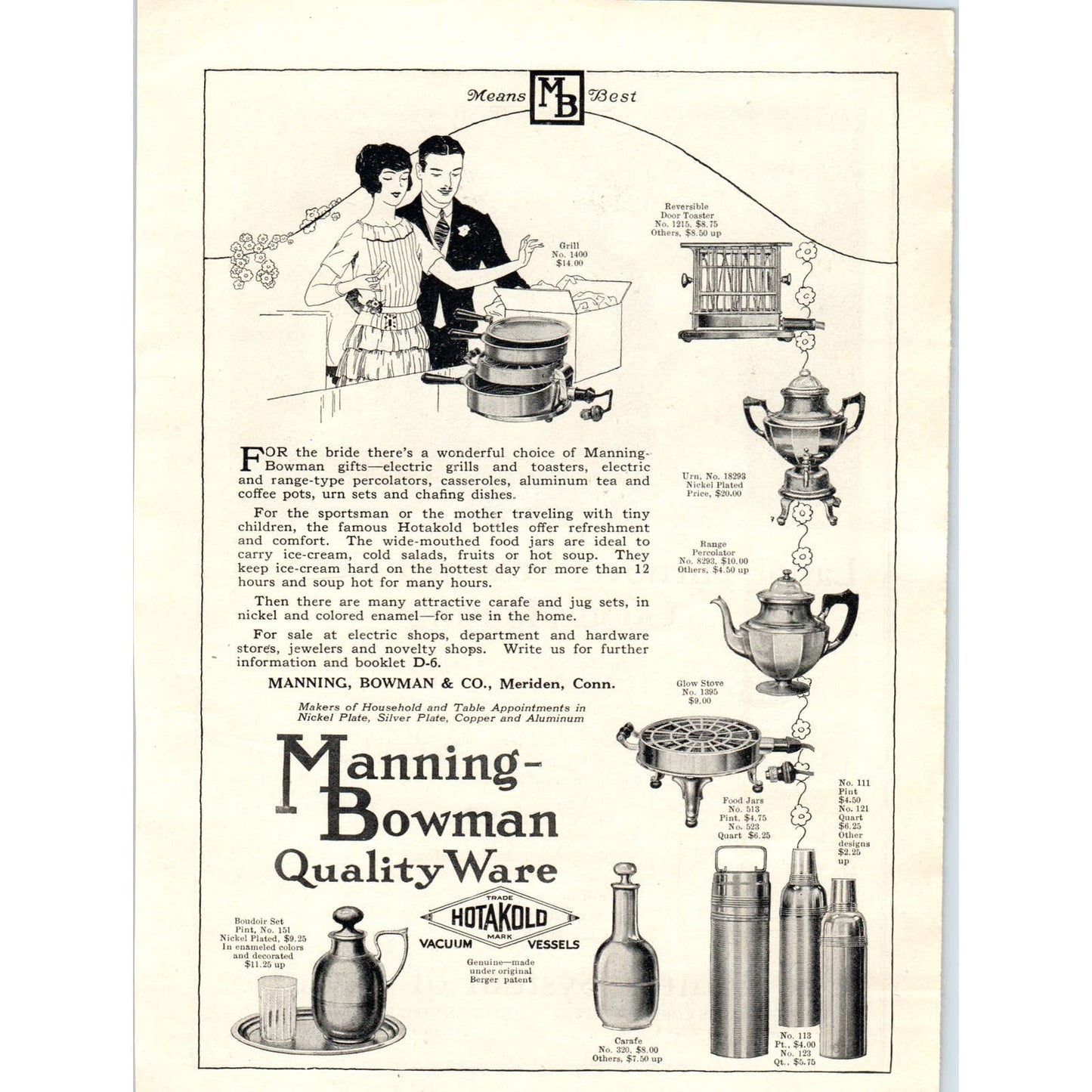 Manning-Bowman Quality Ware Hotakold Vacuum Vessels - 1921 Original Ad TJ7-L