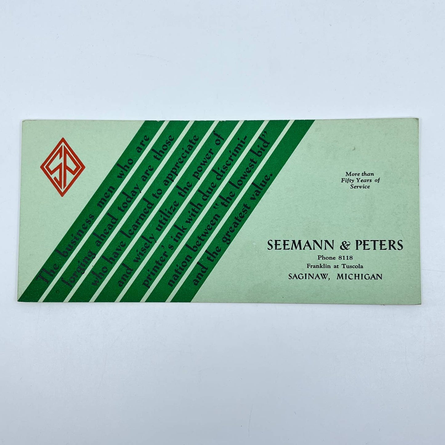 1920s-30s Blotter Card Seemann & Peters Green & Orange Saginaw MI SC9