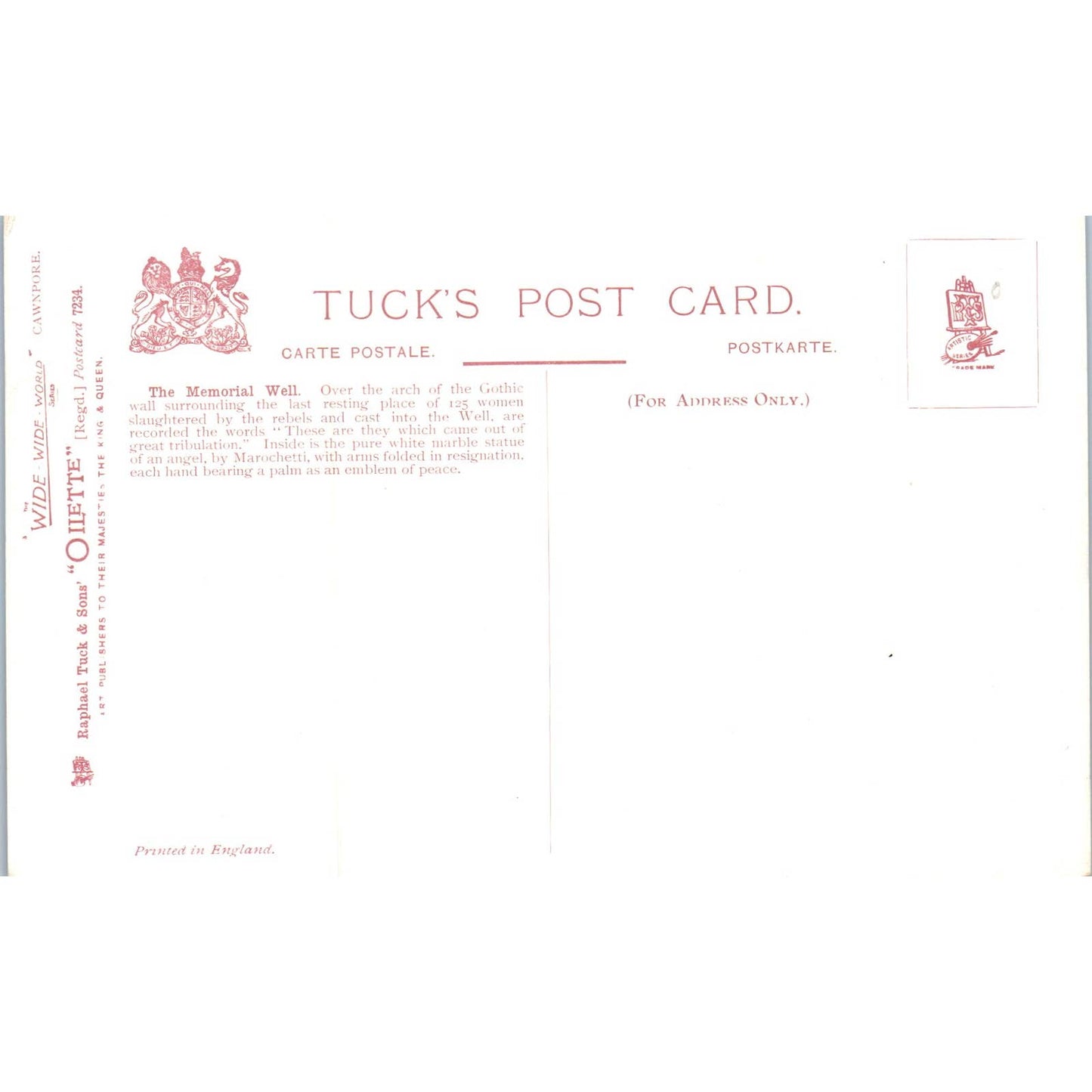 Cawnpore The Memorial Well Raphael Tuck Oilette Original Postcard TK1-P17