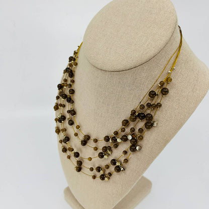 Vintage MCM Layered Brown Bead & Rhinestone Gold Tone Necklace SB2