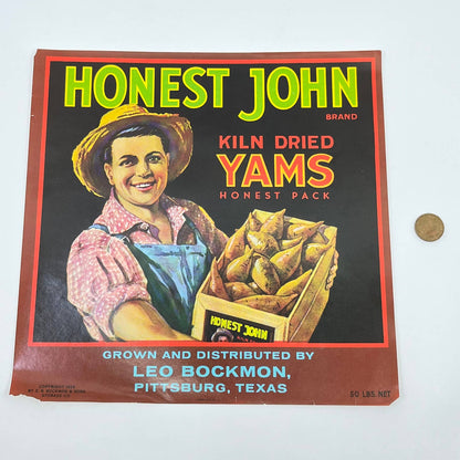 1926 HONEST JOHN YAMS Vegetable Crate Box Label 9” Leo Bockmon Pittsburg TX FL3
