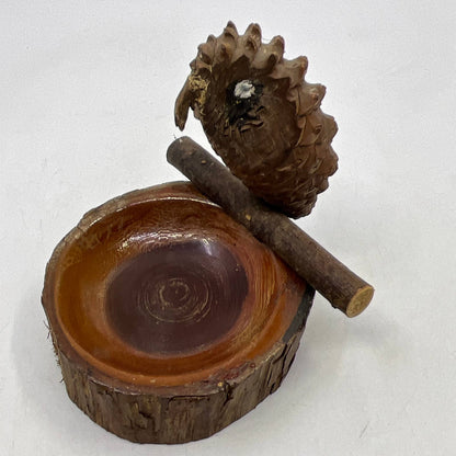 California Redwood Artisan Hand Carved Pinecone Owl Folk Art Trinket Dish TI4