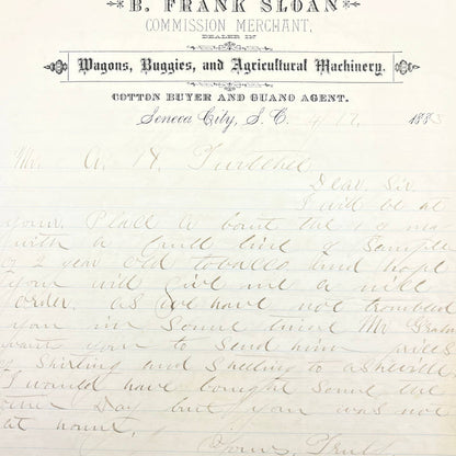 1883 B. Frank Sloan Commission Merchant Cotton Buyer Letterhead Seneca City AB9