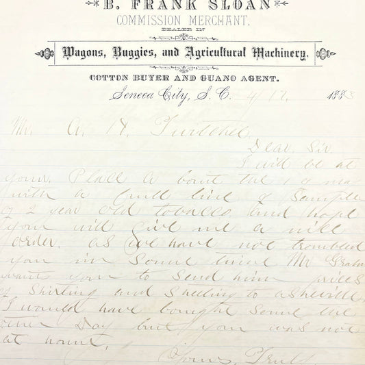 1883 B. Frank Sloan Commission Merchant Cotton Buyer Letterhead Seneca City AB9