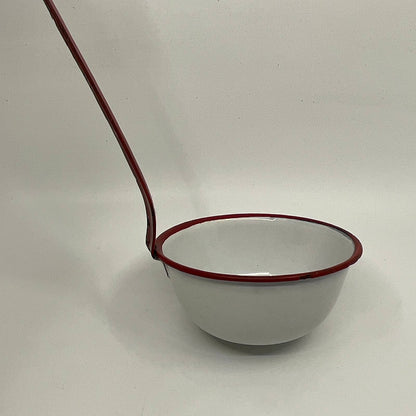Vintage Enamelware Dipper Ladle White with Red Trim ~12” TH2