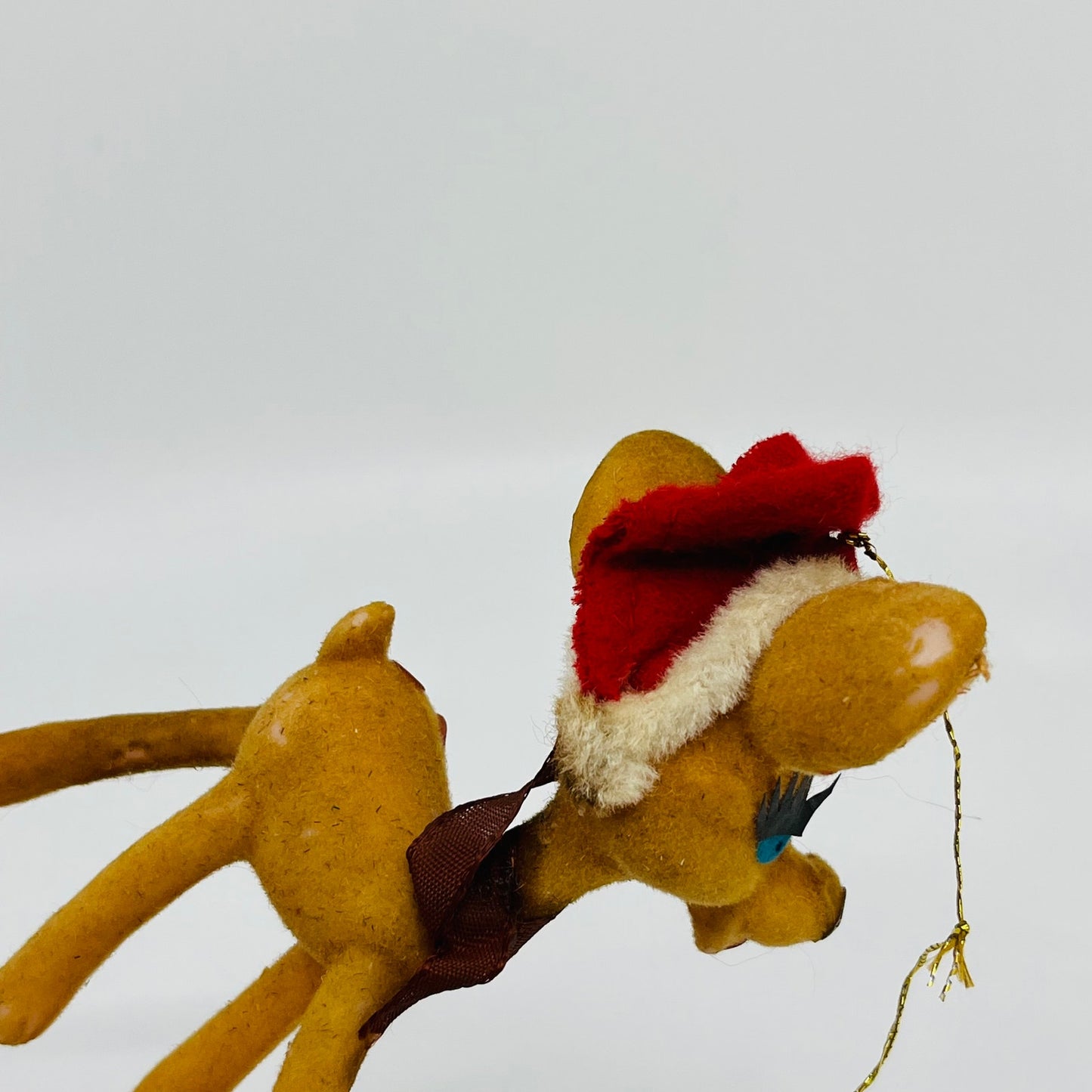 Vintage Celluloid Felt Flocked Santa Deer Christmas Tree Ornament 4" Set 2 TH9-1