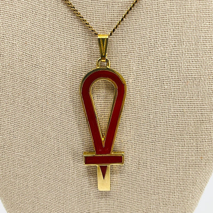 RARE Egyptian Ankh HATTIE CARNEGIE Pendant Necklace Red Enamel Brooch w/ Tag SB2