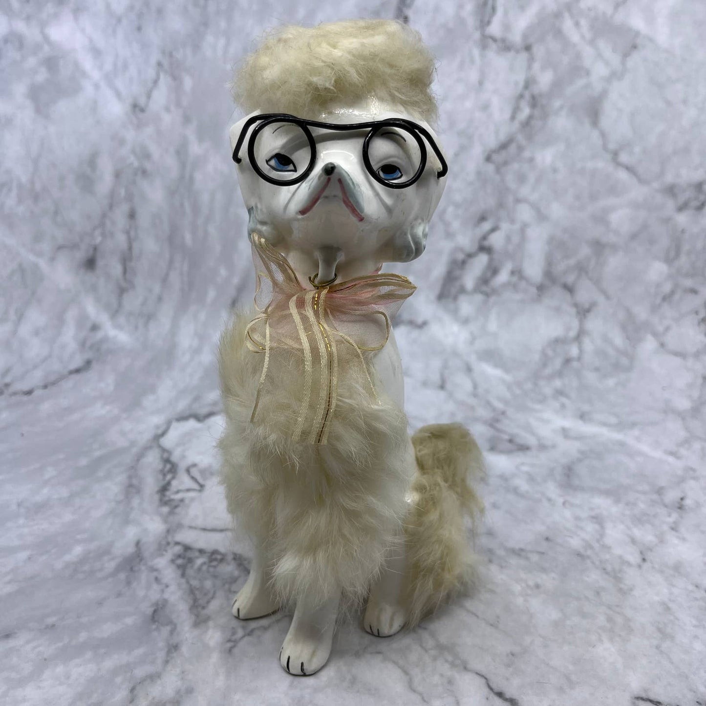 1950s MCM White Poodle Dog Figurine - Blue Glasses and Fur, Japan 4x7 TJ2