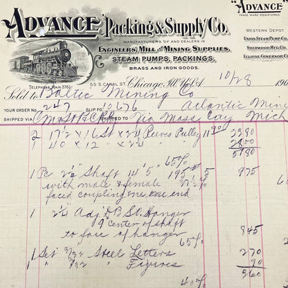 1902 Advance Packing & Supply Co RR Train Steam Pumps Letterhead Chicago AB1