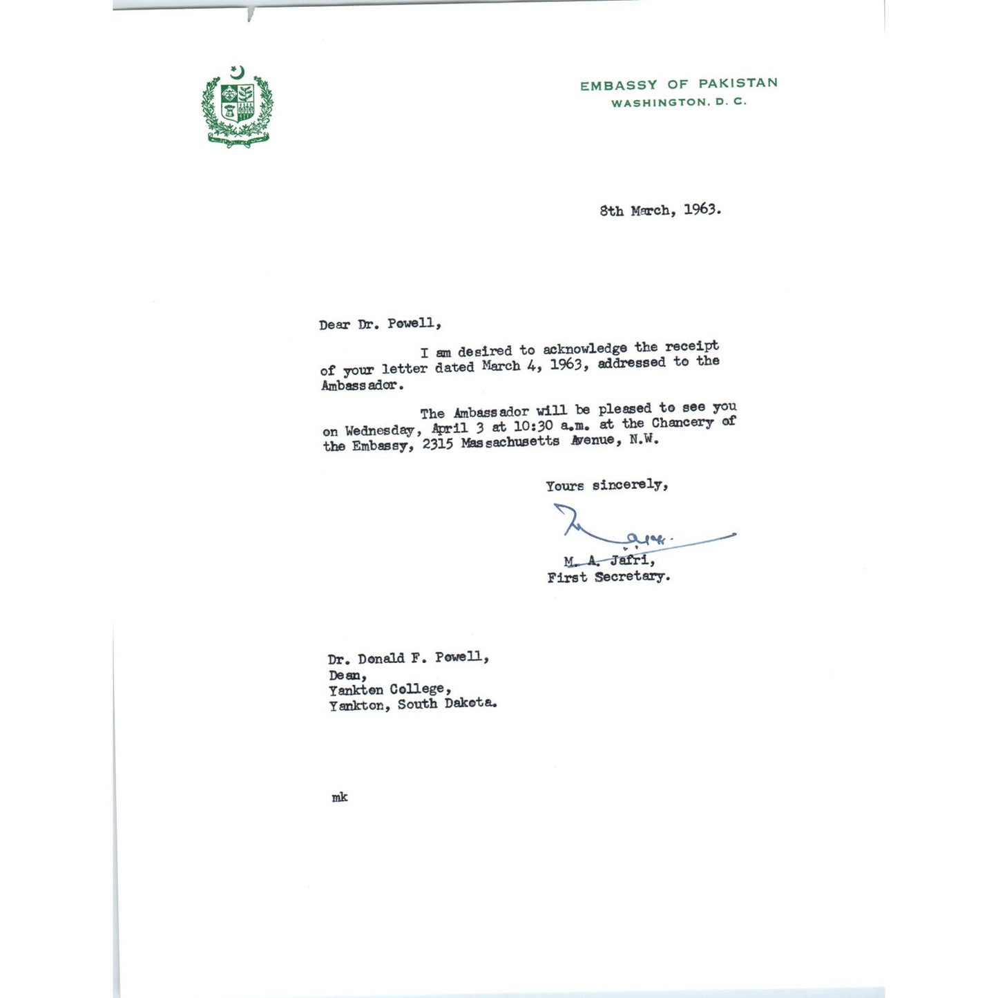 Embassy of Pakistan to US Letterhead Memo M.A. Jafri 3/8/63 TK1-P9