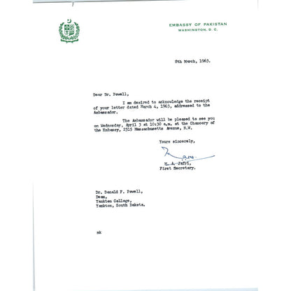 Embassy of Pakistan to US Letterhead Memo M.A. Jafri 3/8/63 TK1-P9