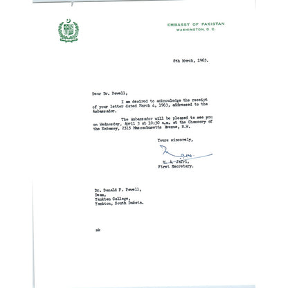 Embassy of Pakistan to US Letterhead Memo M.A. Jafri 3/8/63 B14