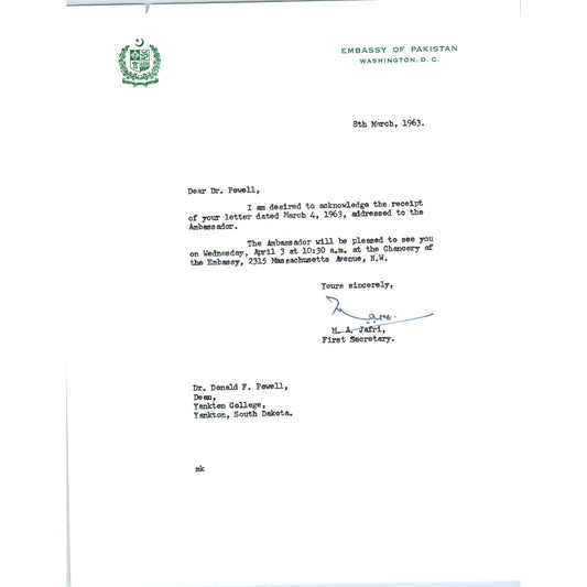 Embassy of Pakistan to US Letterhead Memo M.A. Jafri 3/8/63 B14