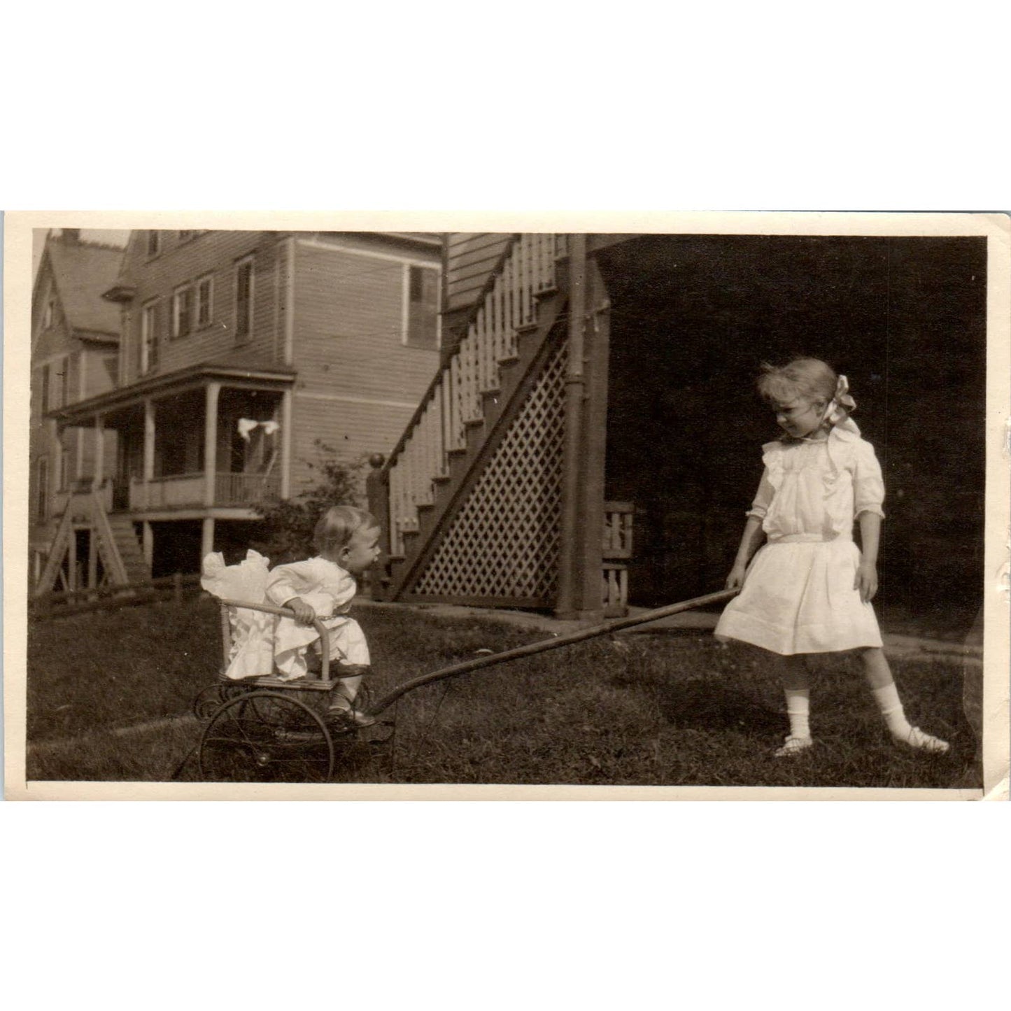 1913 Photograph of Girl Pulling Baby Infant in Cart Scranton PA 3x5 EA3