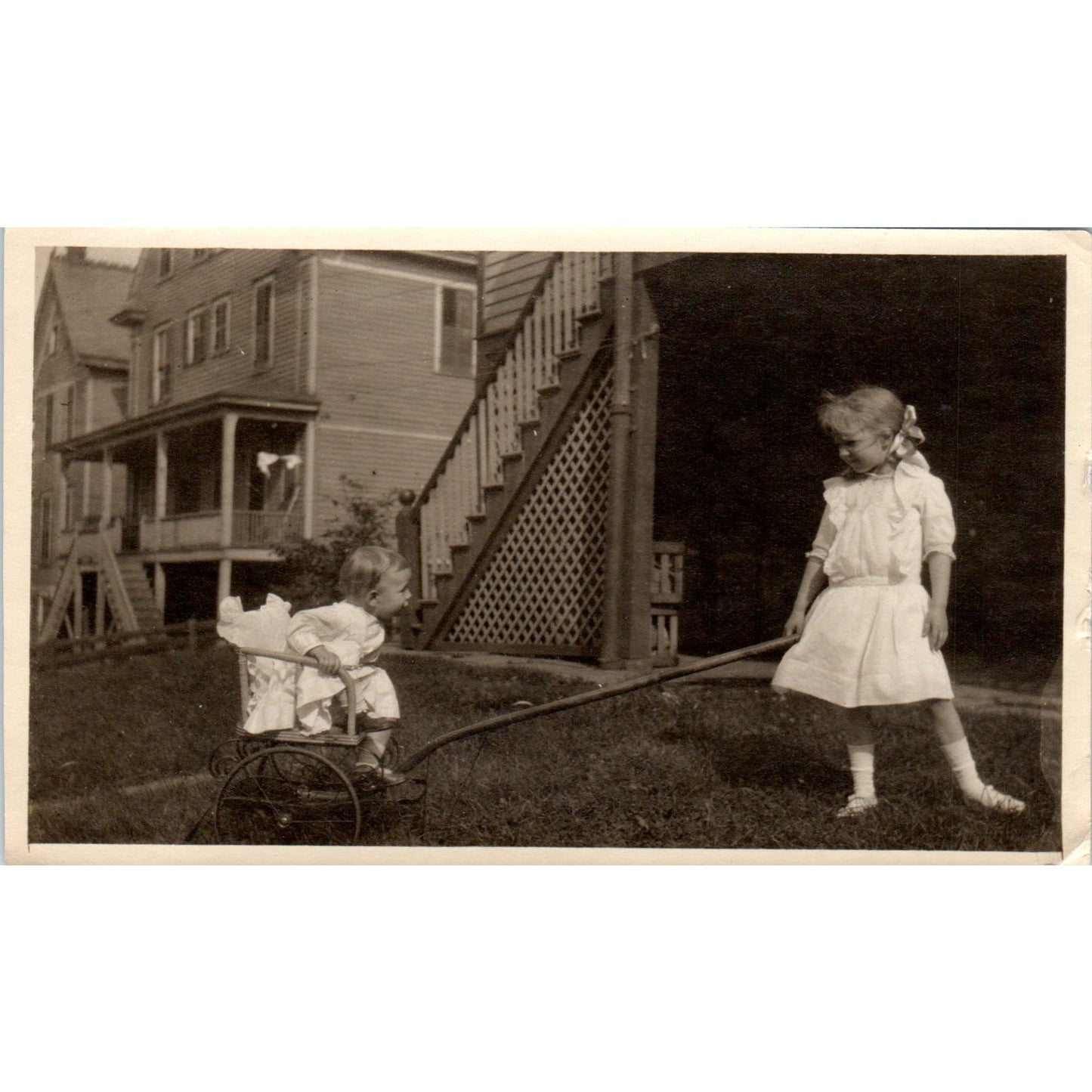 1913 Photograph of Girl Pulling Baby Infant in Cart Scranton PA 3x5 PV2
