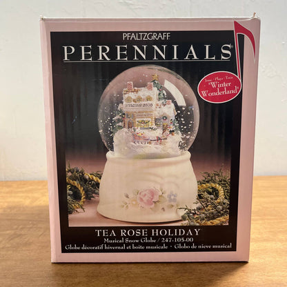 VTG PFALTZGRAFF Perennials Tea Rose Holiday Snow Globe Musical w Box 2000 TB1