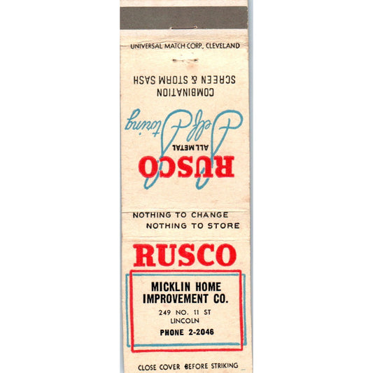 Rusco Micklin Home Improvement Lincoln NE Advertising Matchbook Cover MM10-2