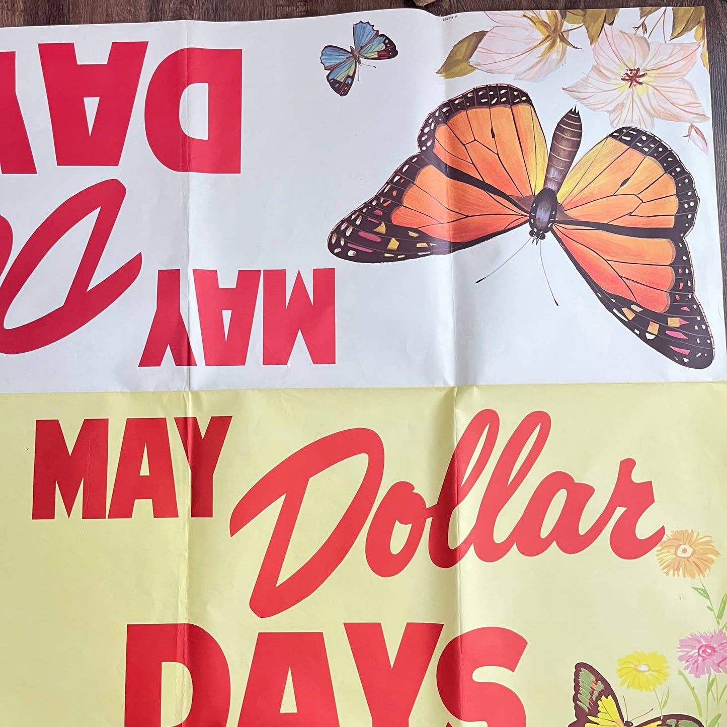 1960s HUGE Fold Out Sign Poster “May Dollar Days” Bluebird Butterfly 57x41 FL1