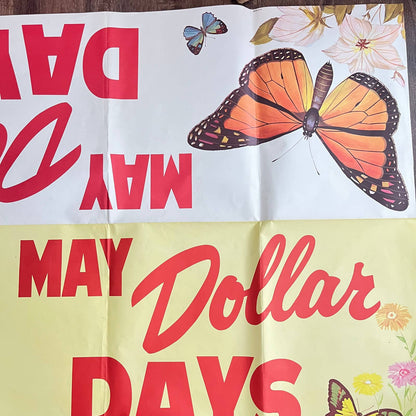 1960s HUGE Fold Out Sign Poster “May Dollar Days” Bluebird Butterfly 57x41 FL1