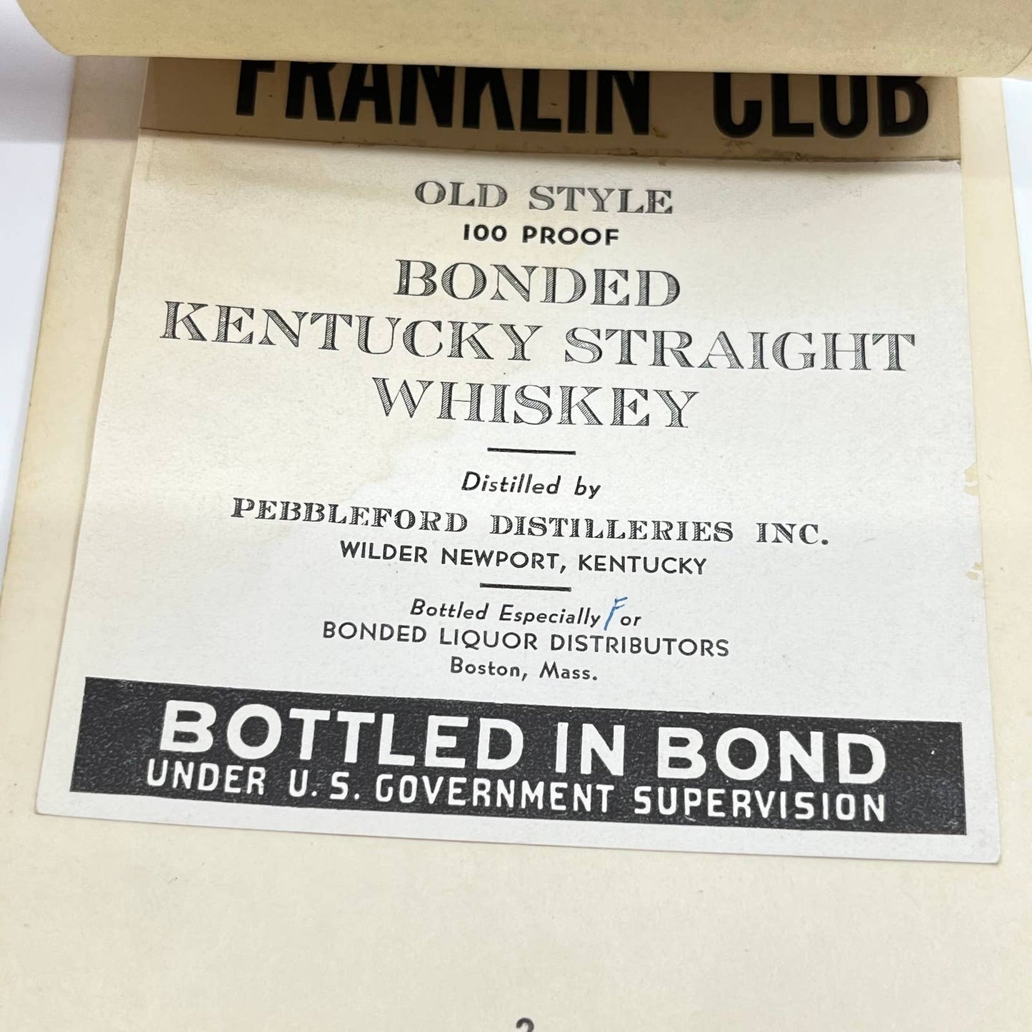 Franklin Club Whiskey Label Set of 3 Pebbleford Distilleries Wilder Newport KY