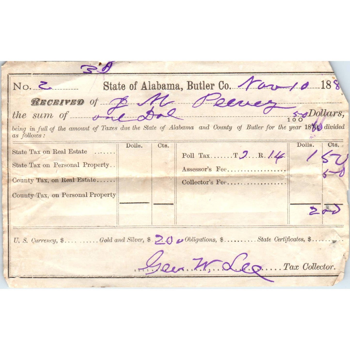 1880 Poll Tax Receipt J.M. Peavey Butler County AL AD6