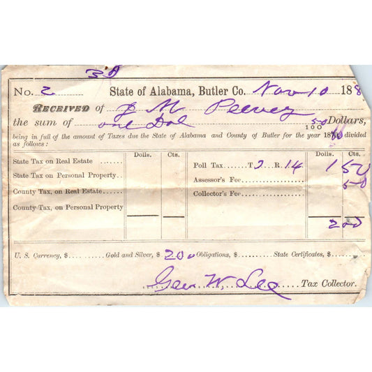 1880 Poll Tax Receipt J.M. Peavey Butler County AL AD6