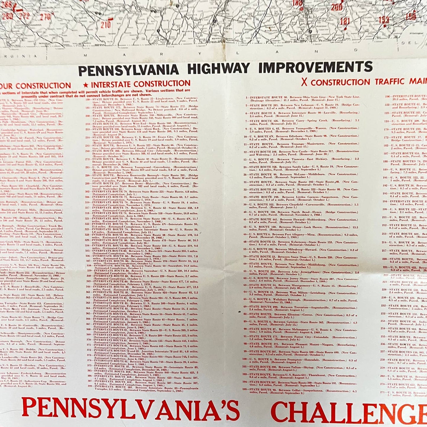 1968 Pennsylvania Construction Map Bulletin Highway Dept. Harrisburg 31x23 D7