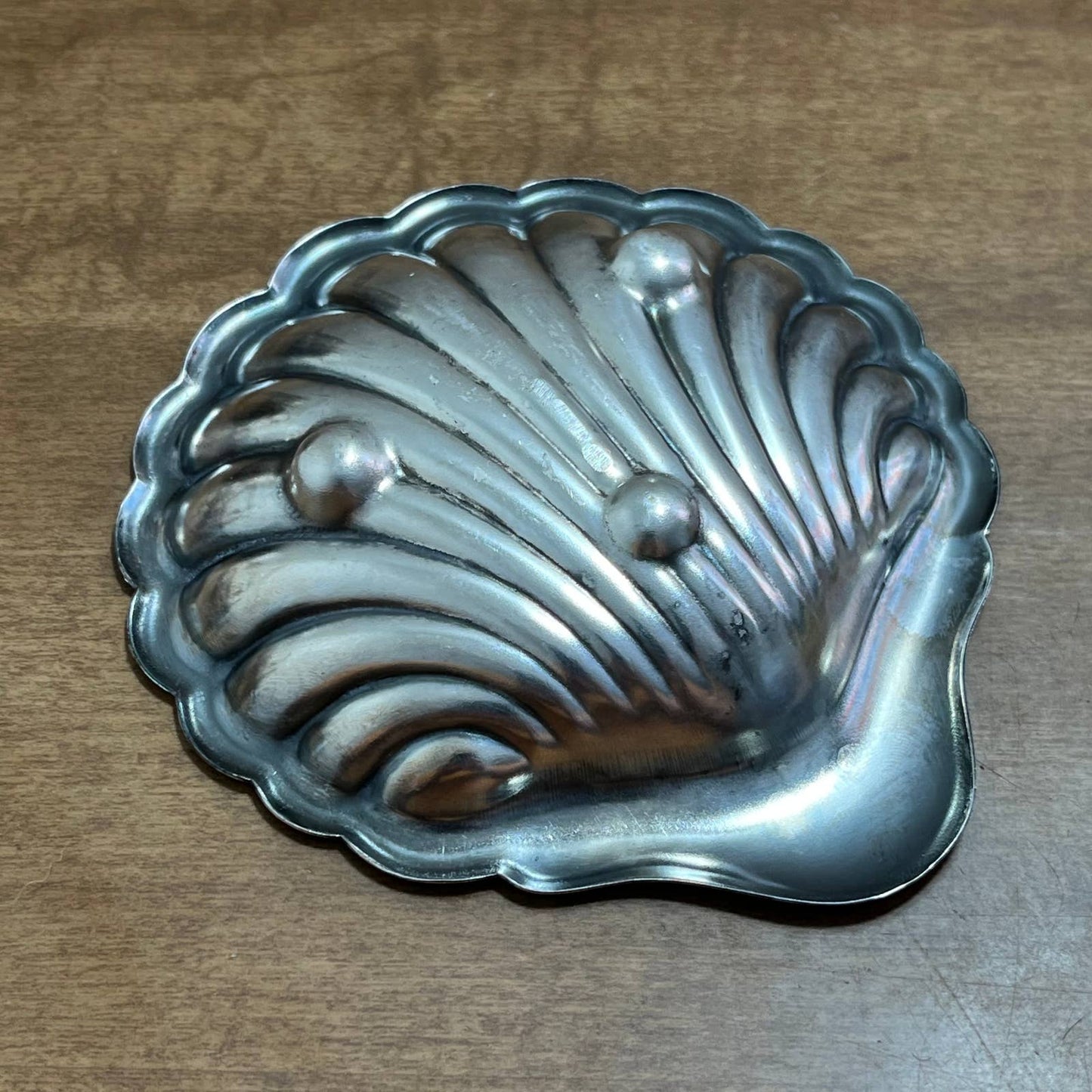 Vtg 1950s ALE N.S. 1gr Clam Shell Glass Lined Soap Trinket Dish Silver Plate TF5