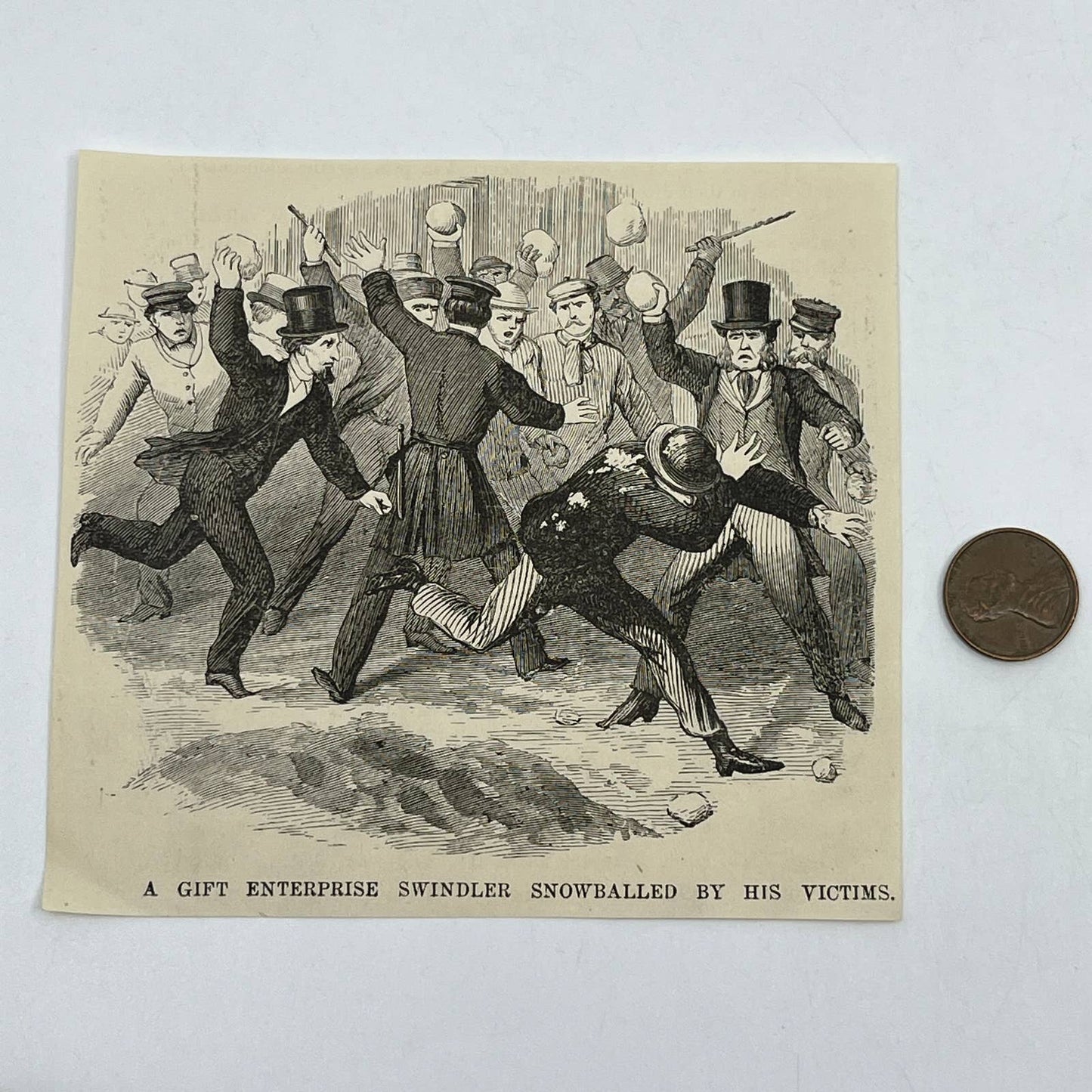 1880s Original Art Print Engraving Gift Enterprise Swindler Snowballed ~4.5" AC9