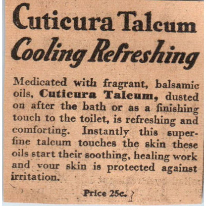 1935 Minneapolis Journal Newspaper Ad Cuticura Talcum Cooling Refreshing FL5-6