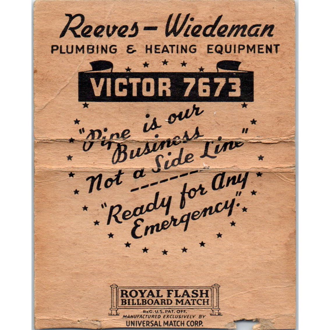 Reeves-Wiedeman Plumbing Kansas City Wichita Wide Advertising Matchbook SA9-M7