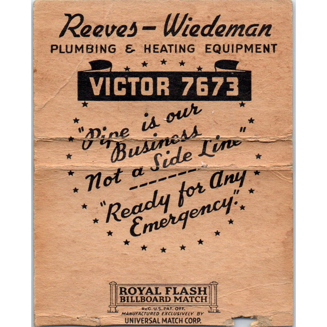 Reeves-Wiedeman Plumbing Kansas City Wichita Wide Advertising Matchbook SA6-M7