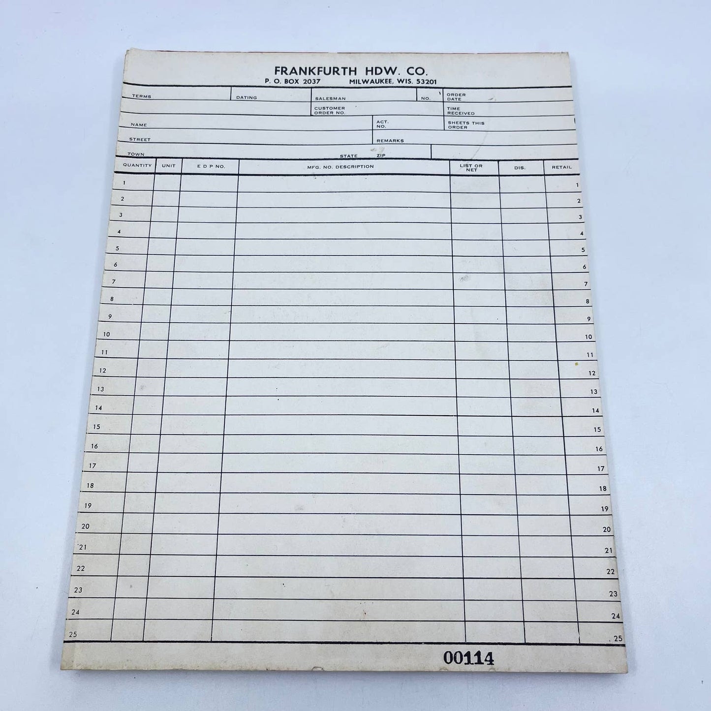 1960s Frankfurth Hardware Co. Milwaukee WI Blank Order Form Tablet TF9-2