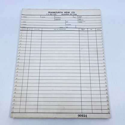 1960s Frankfurth Hardware Co. Milwaukee WI Blank Order Form Tablet TF9-2